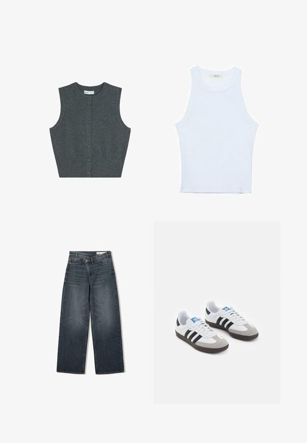 Szary bezrękawnik wykonany z dzianiny, z okrągłym dekoltem, zapinany na guziki z przodu oraz prążkowanym dołem.; Biały top bez rękawów, prążkowana tekstura, okrągły dekolt, dopasowany krój, subtelne logo na metce wewnątrz obszaru kołnierza.; Jeans z ciemnego denimu o szerokim kroju, z wysokim stanem, pięcioma kieszeniami i subtelnym przetarciem z przodu.; Buty sportowe z białą skórzaną cholewką, szarym zamszowym noskiem i trzema czarnymi paskami. Posiadają niebieskie logo na języku oraz teksturowaną gumową podeszwę.