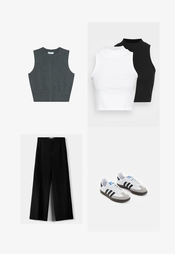 Graue ärmellose Strickjacke aus gestricktem Material, mit runder Ausschnittöffnung, Knopfverschluss vorne und geripptem Saum.; Zwei ärmellose, gerippte Rollkragenoberteile in Schwarz und Weiß, mit einer figurbetonten Passform und glatter Textur sowie einer cropped Länge.; Schwarze weite Hosen aus leichtem Stoff, mit einem Knopfverschluss vorne und flachem Bund, mit sorgfältig genähten Säumen.; Sportschuhe mit einem Obermaterial aus weißem Leder, grauer Wildleder-Zehenkappe und drei schwarzen Streifen. Sie verfügen über ein blaues Logo auf der Zunge und eine strukturierte Gummisohle.