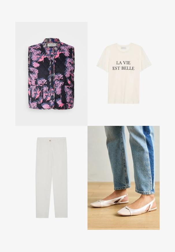 Siuvinėtas liemenė, dekoruota gėlių raštu rožinės ir purpurinės spalvos ant tamsaus fono. Su stovu ant kaklo ir keturiais mygtukais priekyje.; Kreminės spalvos medvilnės T-shirt su trumpomis rankovėmis ir apvaliu iškirpimu. Priekyje išskirtas centrinis juodas tekstas "LA VIE EST BELLE".; Baltos, pritaikytos kelnės su tiesaus kirpimo dizainu, su sagčių uždarymu, dirželių kilpomis ir šoninėmis kišenėmis; lygus audinio tekstūros.; Šviesiai rožiniai slingback baleto bateliai su smailiu pirštu, pagaminti iš lygios odai panašios medžiagos. Yra išpjovimų detalės šonuose ir plokščias kulnas.