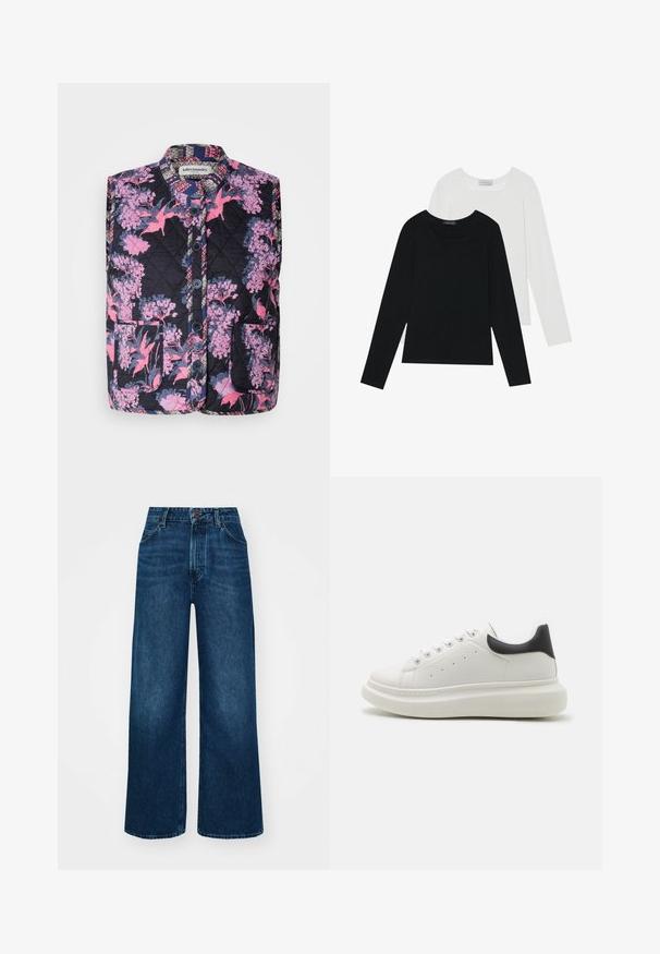 Prošívaná vesta s květinovým vzorem v růžové a fialové barvě na tmavém pozadí. Zahrnuje stojáček a čtyři knoflíky vpředu.; Dvě dlouhé rukávy, jedna černá a jedna bílá, obě s čtvercovým výstřihem a vyrobené z měkké a elastické látky.; Džíny s vysokým pasem a širokými nohavicemi v tmavě modré denimové barvě s hladkou texturou, kontrastním šitím a designem se pěti kapsami. Zapínání na přední knoflík.; Bílé tenisky s texturovaným koženým svrškem, kulatou špičkou, kontrastní černou patní částí a silnou polstrovanou podrážkou. Obsahují pět šněrovacích otvorů.