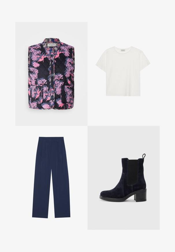 Vaahto vest, jossa on kukkakuosi vaaleanpunaisena ja purppurana tummalla taustalla. Sisältää stand collarin ja neljä nappia edessä.; Valkoinen lyhythihainen T-paita, joka on valmistettu pehmeästä puuvillasta. Siinä on pyöreä kaula-aukko ja rento istuvuus. Siisti muotoilu ilman näkyviä kuvioita tai yksityiskohtia.; Navy siniset leveälahkeiset housut, joissa on pehmeä kangas, etuvaljaat, sileä pinta ja suora malli ilman näkyviä taskuja.; Tummansininen mokkanahkasaapas nilkkapituisena, jossa on joustava sivupaneeli, pyöreä kärki ja lohkaremmäinen korko. Teksturoidun kankaan ja sileän pohjan kontrasti tuo lisää ilmettä.