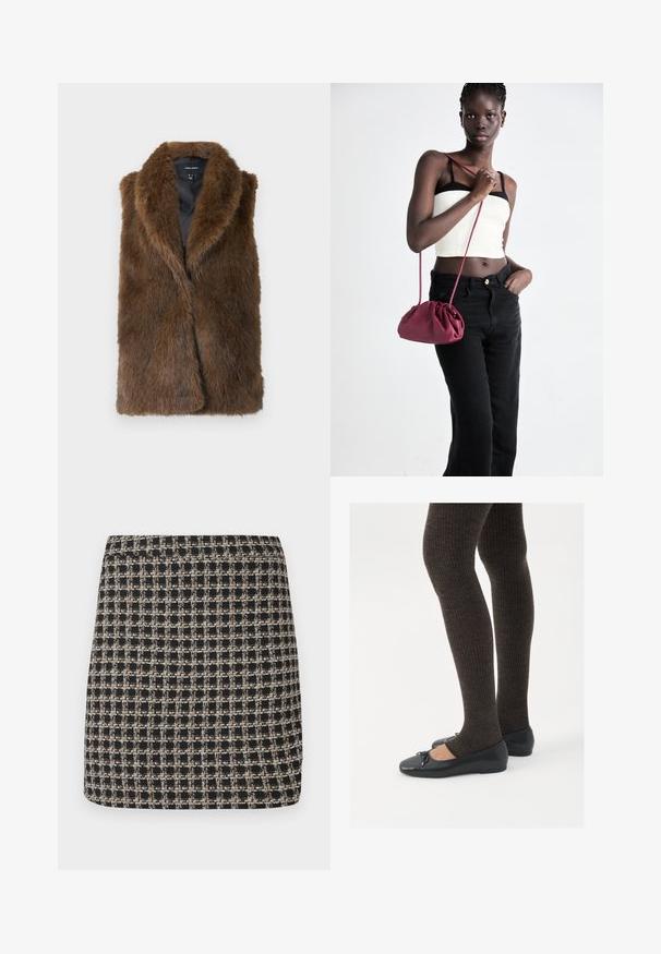 Braune Fake-Fur ärmellose Weste mit breitem Kragen und schwarzer Innenseite, etikettiert mit Vero Moda, flach auf weißem Hintergrund ausgestellt.; Schwarze Damenbluse mit langen Ärmeln, spitzem Kragen, verdeckten Knöpfen an der Vorderseite, taillierter Passform sowie ausladendem Saum und Bündchen.; Schwarzer und beiger kariert Minirock mit strukturiertem Gewebe und glattem Bund, der eine strukturierte Passform und ein einfaches Design aufweist.; Schwarze flache Schuhe mit einem kleinen Schleifendetail an der Zehe, kombiniert mit dunkelbraunen gerippten Strumpfhosen. Die Schuhe haben eine glatte Textur und ein niedriges Profil.; Burgunderfarbene Handtasche aus weichem Stoff mit gerafftem Design und langem Trageriemen, quer über den Körper getragen. Das Modell trägt ein weißes Crop-Top und schwarze Jeans.