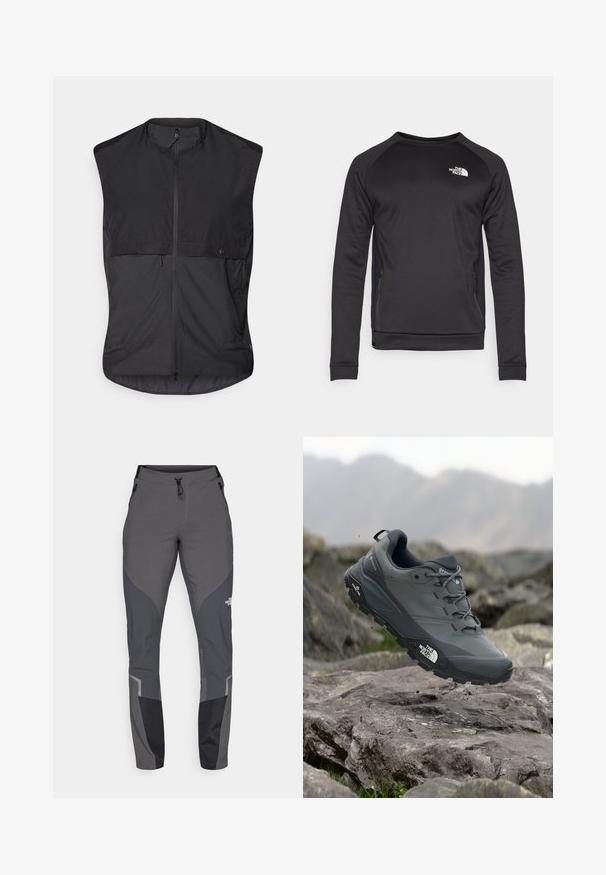 Svart ermeløs vest laget av lettvektstoff, med glidelås foran og to glidelåslommer på sidene. Glatt tekstur med et minimalistisk design.; Svart langermet hettegenser med rund hals, laget av glatt stoff. Sidelommer i mesh for pusteevne. Har en hvit logo på brystet.; Grå tursbukser med en innsnevret design, flere lommer og kontrasterende mørkegrå og svarte detaljer. Laget av et fleksibelt, slitesterkt materiale.; Grå terrengløpesko med en teksturert overdel, slitesterk gummisåle og forsterket tåhette. Inkluderer snørebånd og merkevarelogo på siden.
