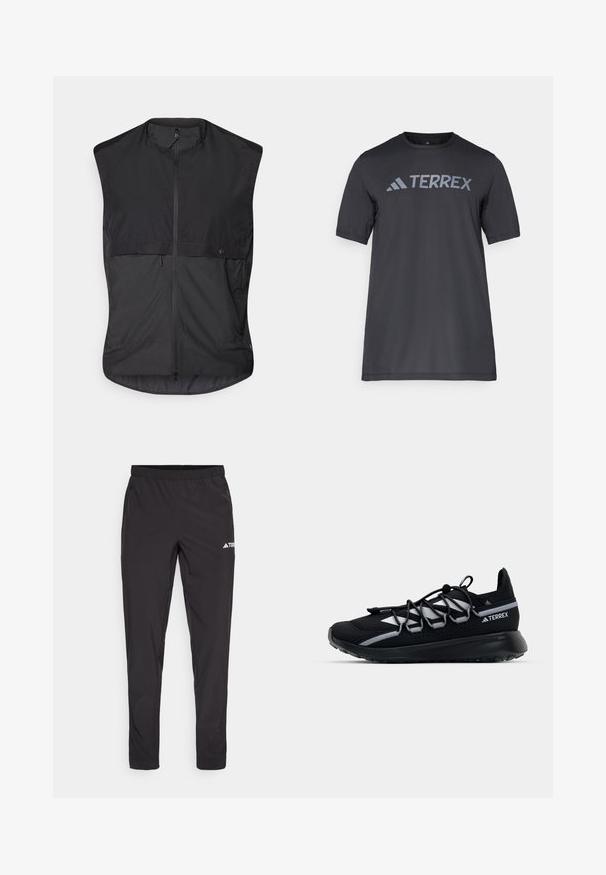 Black sleeveless vest made of lightweight fabric featuring a front zipper and two zippered side pockets. Smooth texture with a minimalist design.; Black short-sleeve t-shirt made of lightweight fabric, featuring a light gray “TERREX” logo across the chest and a crew neckline.; Black athletic pants with an elastic waistband, two side zip pockets, and a logo on the upper right leg. Smooth, lightweight fabric.; Black athletic shoe with a mesh upper, reflective accents, elastic laces, and a textured rubber sole. Features a sleek design for performance.