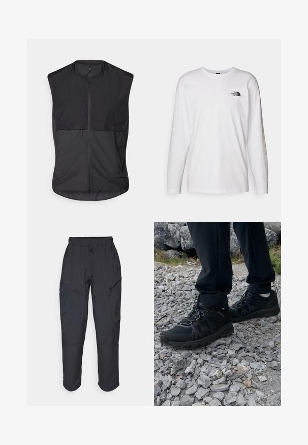 Černá bezrukávová vesta vyrobená z lehké tkaniny s předním zipem a dvěma kapsami na zip po stranách. Hladká textura s minimalistickým designem.; Bílý dlouhý rukáv tričko vyrobené z bavlny s kulatým výstřihem. Na hrudi se nachází malé černé logo. Hladká textura, běžný střih.; Černé cargo kalhoty vyrobené z lehkého, voděodolného materiálu; mají elastický pas, několik kapes na zip a zúžené nohavice.; Černé venkovní boty z prodyšného a syntetického materiálu, s texturovaným svrškem, bezpečným šněrovacím systémem a robustní podrážkou, na skalnatém terénu.