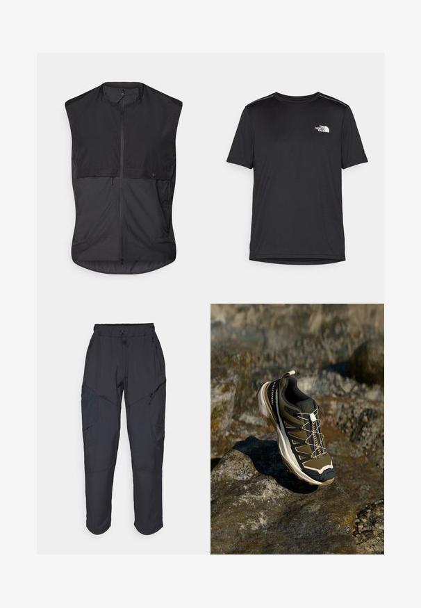 Svart ermeløs vest laget av lettvektstoff, med glidelås foran og to glidelåslommer på sidene. Glatt tekstur med et minimalistisk design.; Svart kortermet T-skjorte laget av lett materiale. Har en liten hvit logo på venstre bryst og subtile skulderdetaljer.; Sorte cargo bukser laget av et lett, vannavvisende materiale; har elastisk midje, flere glidelåslommer og smale ben.; Fjellsko i olivengrønn og svart med rosa detaljer. Har en teksturert overdel, fleksibel såle, forsterket tåhette og fargerik snøringssystem.