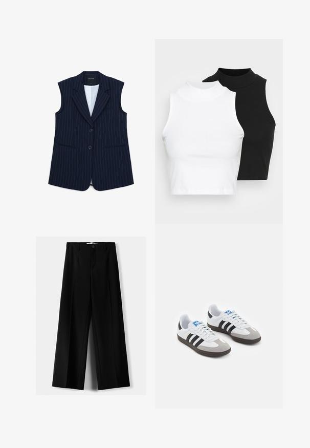 Marineblaue ärmellose Blazer mit weißen Nadelstreifen, Reverskragen, zwei Fronttaschen und Zwei-Knopf-Verschluss. Gefüttertes Innenfutter.; Zwei ärmellose, gerippte Rollkragenoberteile in Schwarz und Weiß, mit einer figurbetonten Passform und glatter Textur sowie einer cropped Länge.; Schwarze weite Hosen aus leichtem Stoff, mit einem Knopfverschluss vorne und flachem Bund, mit sorgfältig genähten Säumen.; Sportschuhe mit einem Obermaterial aus weißem Leder, grauer Wildleder-Zehenkappe und drei schwarzen Streifen. Sie verfügen über ein blaues Logo auf der Zunge und eine strukturierte Gummisohle.