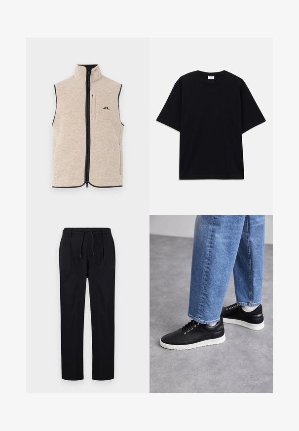 Beige fleece vest met hoge kraag, rits aan de voorkant en zijzakken; heeft een donkere afwerking en een klein zwart logo op de borst.; Zwarte oversized T-shirt met korte mouwen en ronde hals, met zichtbaar Filippa K merkelabel aan de binnenkant van de kraag.; Zwarte broek van gladde stof, met een elastische tailleband, rechte pijpen en plooien aan de voorkant voor een gestructureerde uitstraling.; Zwarte leren sneakers met witte rubberen zolen, voorzien van ronde veters, een glad oppervlak en subtiele branding op de hak. Draagt met blauwe jeans.