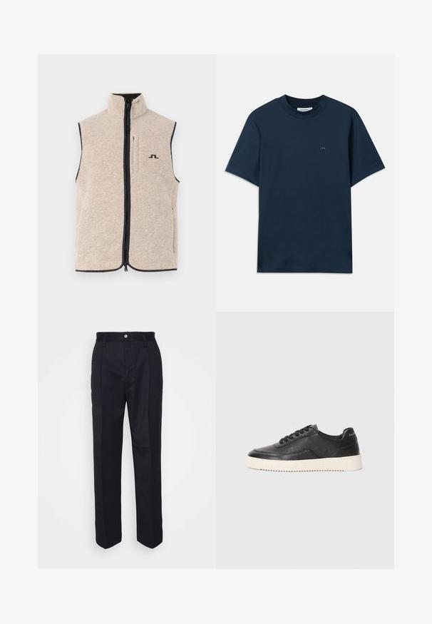 Vest din fleece bej cu guler înalt, fermoar frontal și buzunare laterale; are margini întunecate și un mic logo negru pe piept.; Tricou din bumbac de culoare albastru marin, cu gât rotund, mâneci scurte și un logo discret imprimat pe piept. Textură netedă și croială clasică.; Pantaloni negri croiți, cu un design drept, realizați dintr-un material neted, având închidere cu nasture în față și două buzunare laterale.; Pantofi sport negri din piele cu finisaj texturat, vârf rotund și talpă plată din cauciuc alb. Dispune de șireturi negre și branding pe toc.