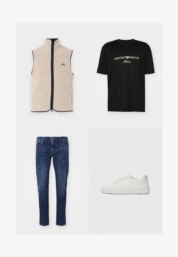Bežinė fliso liemenė su aukštu apykakle, priekiniais užtrauktukais ir šoninėmis kišenėmis; turi tamsią apdailą ir mažą juodą logotipą ant krūtinės.; Juodas medvilninis marškinėliai su apvaliu iškirpu, trumpomis rankovėmis ir baltu "EMPORIO ARMANI" logotipu virš "Milano" kreivame dizaino.; Tamsiai mėlynos džinsinės kelnes su siauru siluetu, puošiančiais dažų lašais, matomais siūlais ir standartine penkių kišenių konstrukcija. Tiesios kojos kirpimas.; Balti odiniai sportiniai bateliai su lygia apdaila, apvaliu pirštu, plokščiais raišteliais ir tekstūruotu padu. Pasižymi subtiliu logotipu ant kulno.