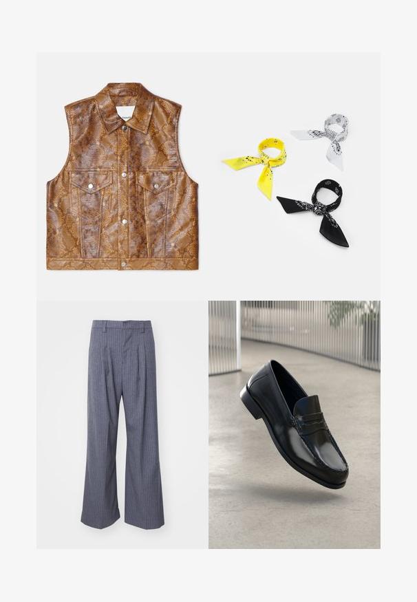 Hnědý bezrukávový svetr vyrobený z umělé kůže s hadím vzorem, s pokleslým límcem, dvěma náprsními kapsami a stříbrnými doplňky.; Bílá košile s dlouhým rukávem a knoflíkovým zapínáním vyrobená z hladké látky. Má klasický límeček, přední knoflíky a manžety na jeden knoflík. Úzký střih.; Šedé pruhované kalhoty s širokým střihem, zdobené sklady na přední straně a hladkou texturou. Žádné viditelné doplňky nebo akcenty.; Černé kožené mokasíny s hladkým povrchem, zaoblenou špičkou, dekorativním prošíváním a mírně zvýšenou podrážkou.; Tři bandany: jedna žlutá s černými vzory, jedna bílá s černými designy a jedna černá s bílými grafikami. Všechny jsou čtvercové, vyrobené z lehkého materiálu.