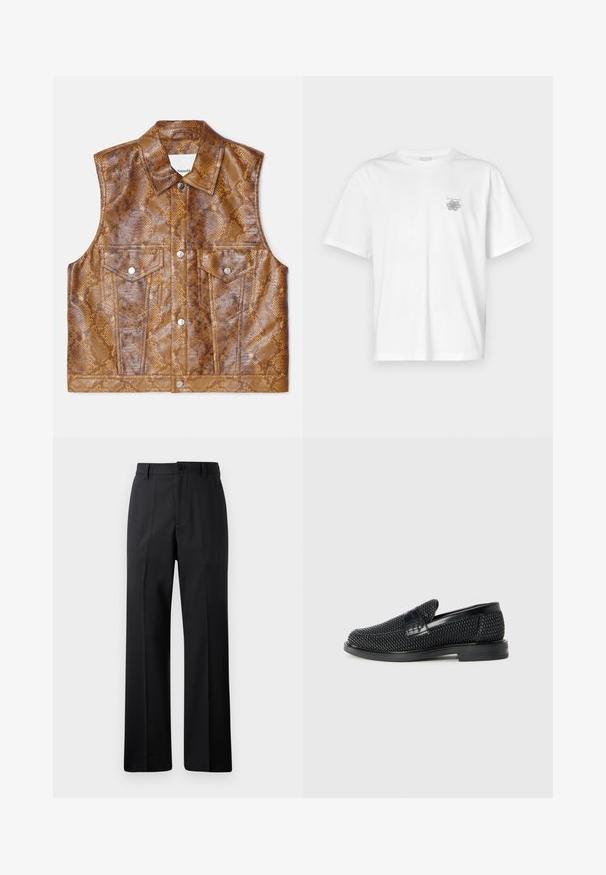 Brown sleeveless vest made of faux leather with a snakeskin pattern, featuring a pointed collar, two chest pockets, and silver hardware.; White t-shirt made of cotton featuring short sleeves, a crew neck, and a small gray logo on the left chest area. Smooth texture.; Black straight-leg trousers with belt loops, front button, and zipper closure, displayed against a plain white background.; Black woven slip-on shoe with a smooth leather accent on the upper, a round toe design, and a low-profile rubber sole.