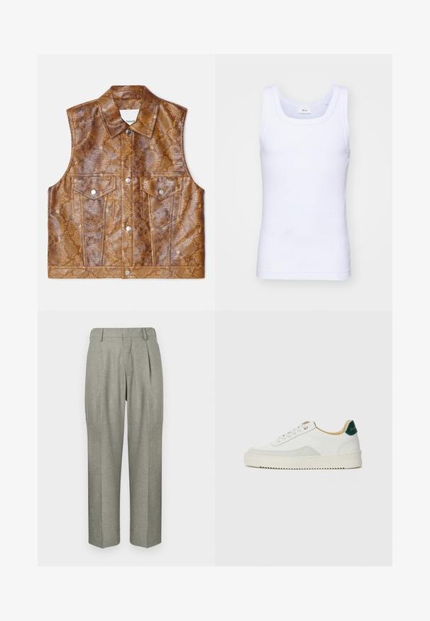 Brun ärmlös väst i syntetläder med ormskinnsmönster, med spetsig krage, två bröstfickor och silverfärgade detaljer.; Vit bomullslångärmad tanktop med rund halsringning, med en slät yta och en figurnära passform, designad för avslappnad användning.; Ljusgrå byxor i ett strukturerat tyg. Har en rak bendesign, veck framtill och en platt midja.; Vit sneaker med mockadetaljer, rund tå, platta snören och en krämfärgad gummisula. Har grön branding på hälen.