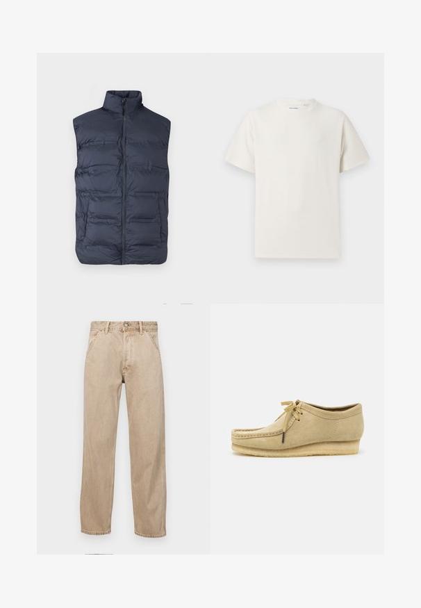 Navy blue padded sleeveless vest with front zipper and high collar, designed for warmth and casual wear.; White short-sleeve T-shirt in a ribbed texture. Round neckline, relaxed fit, no visible patterns or accents. Simple and versatile design.; Beige denim jeans with a straight leg design, featuring front pockets, a metal button closure, and subtle texture.; Beige suede shoe with a lace-up design, stitched detailing, and a rubber sole. The shape is casual with a slight wedge heel.