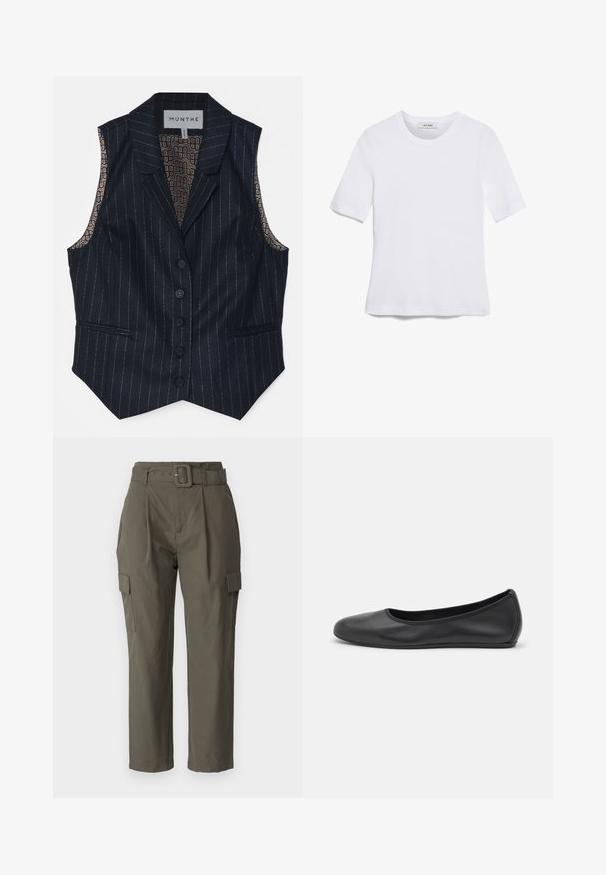 Marineblauer, gestreifter ärmelloser Weste mit strukturiertem Griff, ausgestattet mit einer Fünfknopf-Leiste und einem gemusterten Futter in Brauntönen und Gold.; Weißes kurzärmliges T-Shirt aus geripptem Stoff. Runder Halsausschnitt, normale Passform und dezente Nähte. Keine Muster oder Grafiken.; Cargo-Hosen in Olivgrün, aus leichtem Stoff. Merkmale sind ein taillierter Bund, Vorderfalten und Seitentaschen mit Klappenverschluss.; Schwarze Leder-Ballettschuhe mit abgerundeter Spitze, glatter Textur, minimalen Nähdetails und einem flexiblen Sohlen-Design.