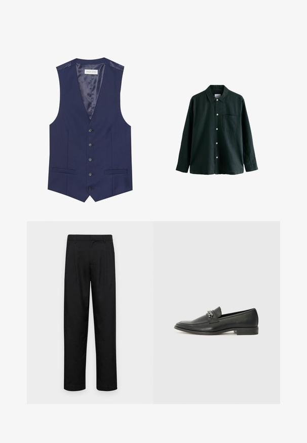 Mornarska brezrokavnik z gladko teksturo, petimi gumbi, dvema sprednjima žepoma in notranjostjo obloženo s satenom, na kateri je oznaka "PIER ONE."; Temnozeleno srajco z gumbom in ovratnikom, dolgimi rokavi in enim žepom na prsih; ima bele gumbe in mehko teksturo.; Črne hlače iz gladkega materiala, s krojem ravne noge, dvema sprednjima pregiboma in standardnim pasom z zankami za pas.; Črni usnjeni loafer z gladko površino, ki ima šivano zasnovo in dekorativni kovinski verižni naglas preko vampirja. Ravno peto.