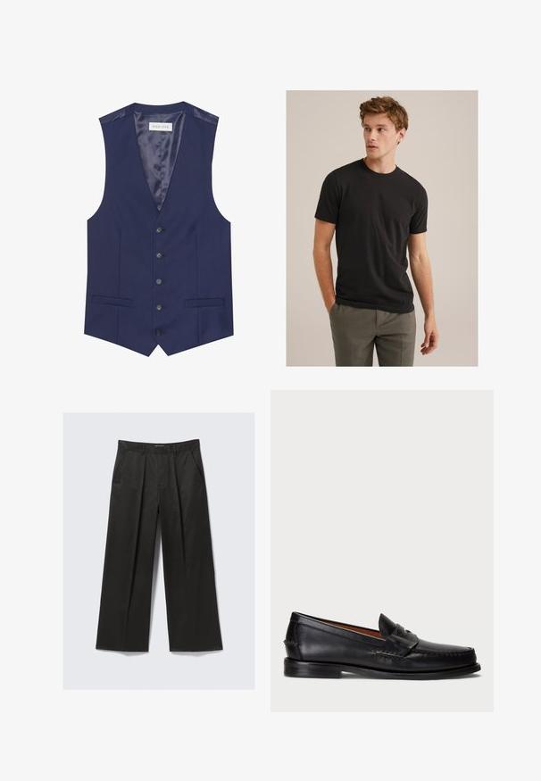 Tumes vesti, millel on sile tekstuur, viis nööpi, kaks eesmist taskut ja satiinvoodriga sisemus, millel on silt "PIER ONE."; Noor curly helepruunide juustega noormees, kes kannab musta lühikeste varrukatega T-särki ja halli pükse, vaatab vasakule käed taskutes.; Mustad laiade jalgadega püksid sujuva tekstuuriga, millel on kaks eesmist taskut ja veidi tõstetud vöökoht.; Mustad mustad nahast loafers, ümmarguse varbaga, õmblustega kaunistused ja dekoratiivne rihm esiosas. Lame talla minimalistik profiil.