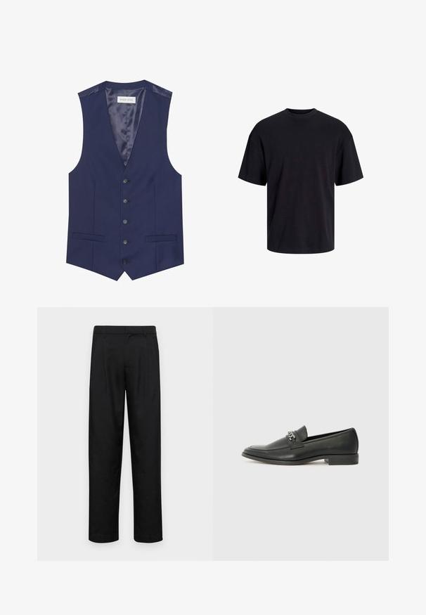 Vesta bleumarin cu o textură netedă, cinci butoane, două buzunare frontale și un interior căptușit cu satin, având o etichetă cu textul "PIER ONE."; Tricou din bumbac negru, cu guler rotund, mâneci scurte și o croială lejeră. Textură netedă și fără modele sau accente vizibile.; Pantaloni negri dintr-un material neted, cu un design drept, două pliuri frontale și un tiv standard cu bucle pentru curea.; Pantofii negri din piele cu un finisaj neted, având un design cusut și un accent decorativ de lanț metalic peste partea de sus. Toc plat.