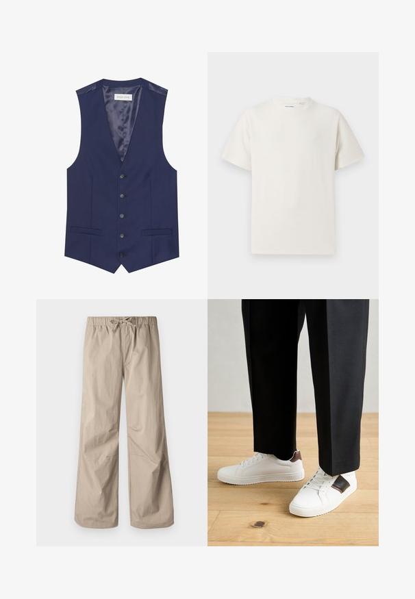 Marinevest med en glatt tekstur, fem knapper, to frontlommer og et satengforet interiør med en etikett som sier "PIER ONE."; Hvit T-skjorte med kort erm i ribbestrikket tekstur. Rund hals, avslappet passform, ingen synlige mønstre eller detaljer. Enkelt og allsidig design.; Beige vide bukser med elastisk talje og snøre. Glat tekstur, to sidelommer og minimale syninger for en afslappet pasform.; Hvite sneakers med glatt tekstur, med brune skinnakenter og svart detaljer, parret med svarte skreddersydde bukser. Bakgrunn med tregulv.