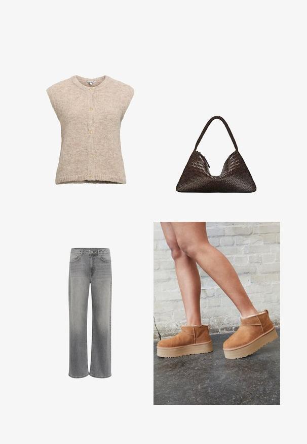 Beige uldblandingsvest med rund halsudskæring, korte ærmer og knaplukning med guldtoner. Struktureret strikket stof.; Lys grå strikket langærmet sweater med ribbet kant og manchetter, med en V-hals og afslappet pasform.; Hvid kortærmet t-shirt lavet af bomuld. Har en rund halsudskæring og en afslappet pasform. Glat tekstur uden synlige mønstre eller detaljer.; Vide ben jeans i grå denim, med høj talje, fem lommer, lukning med knap foran og subtilt slid på stoffet.; Brune ruskinds ankelsko med en blød foring, tyk beige plattformsål og en bageste løkke. Tekstureret overflade med synlige sømdetaljer.; Mørkebrun trekantet håndvævet læderhåndtaske med en enkelt flettet hank og synlig lynlåstrækker på den ene side.; Sæt af otte sølvringar med forskellige design, herunder glatte, teksturerede og en med små perler. Funktioner inkluderer kurver og accenter.