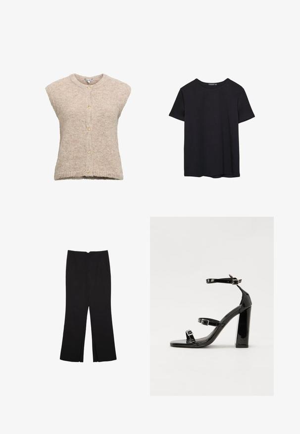 Beige Wolle-Mischung Weste mit Rundhalsausschnitt, kurzen Ärmeln und Knopfverschluss mit goldfarbigen Knöpfen. Strukturierter Strickstoff.; Einfaches schwarzes T-Shirt aus Baumwolle mit kurzen Ärmeln und Rundhalsausschnitt, auf einem weißen Hintergrund dargestellt.; Schwarze Hose mit geradem Schnitt, ausgestattet mit Fronttaschen und Seitenschlitzen am Saum. Hergestellt aus weichem, glattem Stoff. Geeignet für verschiedene Anlässe.; Schwarze Lackleder-Sandalen mit hohen Absätzen, zwei Riemen mit Schnallen, quadratischer Zehenpartie und klobigem Blockabsatz, mit einer glatten, glänzenden Textur.