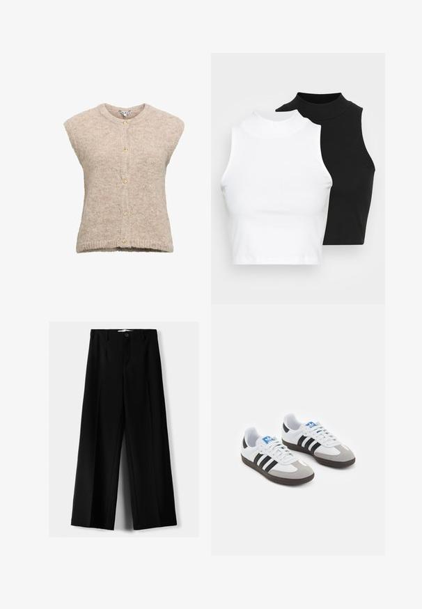 Beige wool blend vest with a round neckline, cap sleeves, and button closure featuring gold-tone buttons. Textured knit fabric.; Two sleeveless ribbed turtleneck tops in black and white, featuring a fitted design and smooth texture, with cropped length.; Black wide-leg trousers made of lightweight fabric, featuring a front button closure and flat front, with neatly stitched hems.; Sport shoes with a white leather upper, gray suede toe, and three black stripes. Features a blue logo on the tongue and a textured rubber sole.
