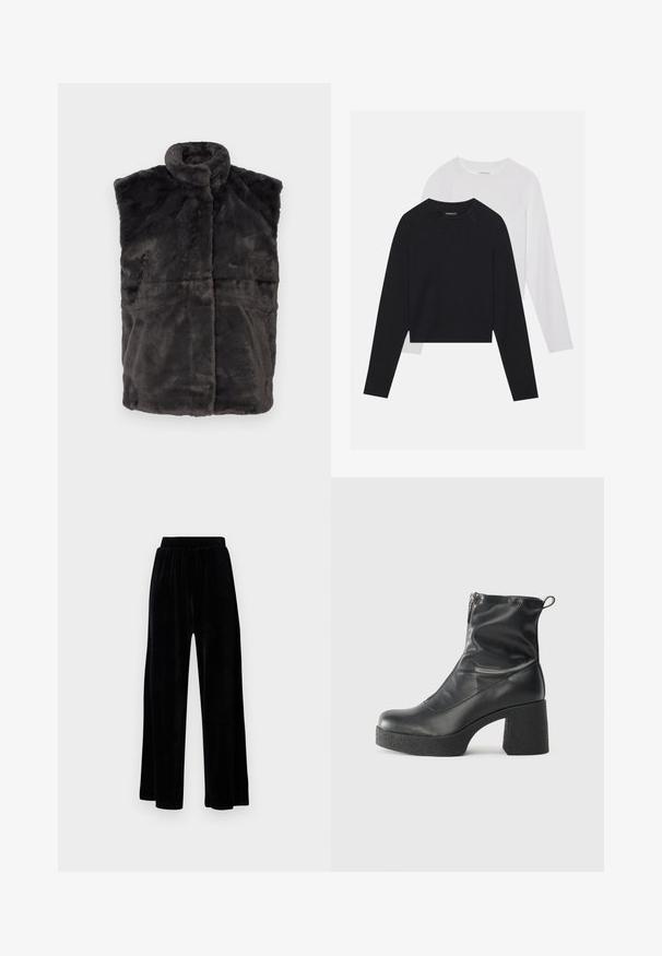 Grå faux fur vest med høy krage, ermeløs design og myk tekstur, med horisontale sømmer for struktur og varme.; To lange ermerte skjorter: en svart og en hvit. Begge har rund hals, raglanermer og er laget av en myk bomullsblanding.; Sorte vide bukser laget av myk vernet, med elastisk midjebånd og en jevn tekstur, uten synlige detaljer eller mønstre.; Svarte ankelstøvler laget av glatt lær, med glidelås på siden, chunky strukturert hæl, og rund tå-design.