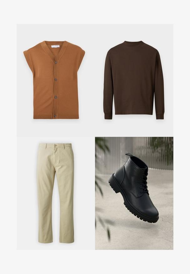 Brun strikket ermeløs cardigan med V-hals, fem knapper og ribbestrikket kant. Myk tekstur, uformell design som passer til lag-på-lag.; Brun langermet skjorte laget av mykt stoff, med rund hals og rett snitt uten synlige mønstre eller detaljer.; Beige bomullsbukser med rett ben-design, frontlukking med knapp og beltehemper. Jevn tekstur, ingen synlige mønstre eller detaljer.; Sorte skinn ankleboots med rund tå, snøring og grov gummisåle. Glatt tekstur med en stropp bak.