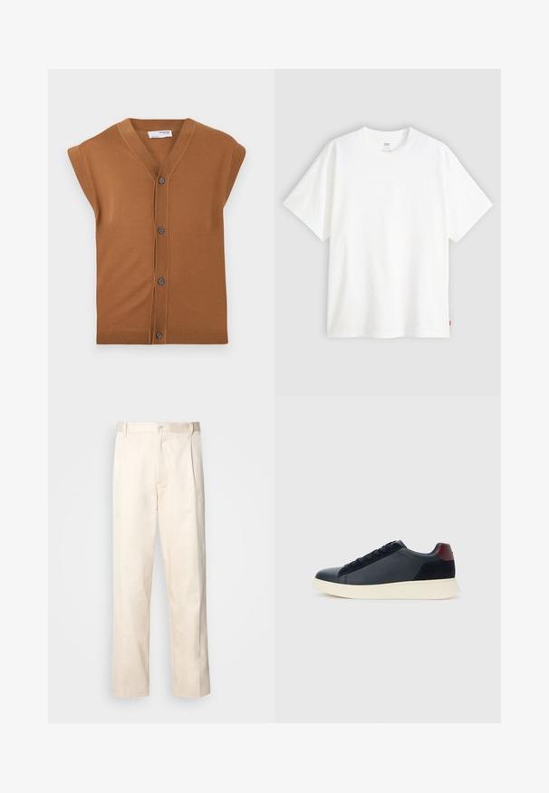Rjavo pleteno brezrokavnik s črnim izrezom v obliki V, petimi gumbi in rebrastim robom. Mehka tekstura, sproščen dizajn primeren za plastenje.; Bela kratka majica s kratkimi rokavi iz bombaža s krožnim izrezom. Ima diskretno embosirano logotipno podrobnost spredaj in rdečo etiketo na robu.; Bež cottone hlače s ravnim krojem, ki imajo gumbasto zapiranje in nabore spredaj za dodatne detajle.; Nizke moške tenisice iz črnega usnja in semiša z vijoličnim petnim delom in belim gumijastim podplatom, prikazane s sprednje strani.