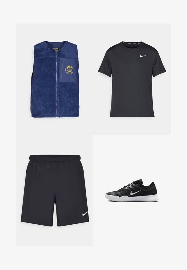 Nike Performance PSG CLUB - Bodywarmer - midnight navy/speed yellow; Zwarte Nike hardloop T-shirt gemaakt van lichtgewicht, ademend materiaal, met korte mouwen en een klein wit logo op de borst.; Zwarte sportshorts gemaakt van lichtgewicht materiaal met een elastische tailleband. Voorzien van een klein wit Nike-logo aan de onderzijde aan de linkerkant.; Zwarte sportieve schoen met een gestructureerde bovenkant, witte Nike swoosh en een witte rubberen zool. Beschikt over een veterontwerp en een dynamische vorm.