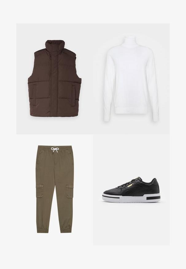 Pruun puffertop, millel on kõrge kaelus, varrukateta disain, kaks esist pocketit ja tikitud tekstuur. Sile viimistlus, soe isolatsioon.; Valge kõrge kaelusega kampsun pikkade varrukatega, valmistatud siledast kangast. Omab sobivat lõiget ning üldiselt ribaroheline varrukate ja küljepidi. Ei sisalda mustreid ega aktsente.; Khaki cargo püksid elastse vöökoha ja stringiga, külgtaskud ja voltidega pahkluude juures. Valmistatud tekstureeritud, kerget materjalist.; Must have nahkast jooksujalats valge vaheosaga, perforatsiooni kohal, kuldse logosilmbiga, pehmendusega kaelaosas ning kontrastsete mustade aktsentidega külgedel.