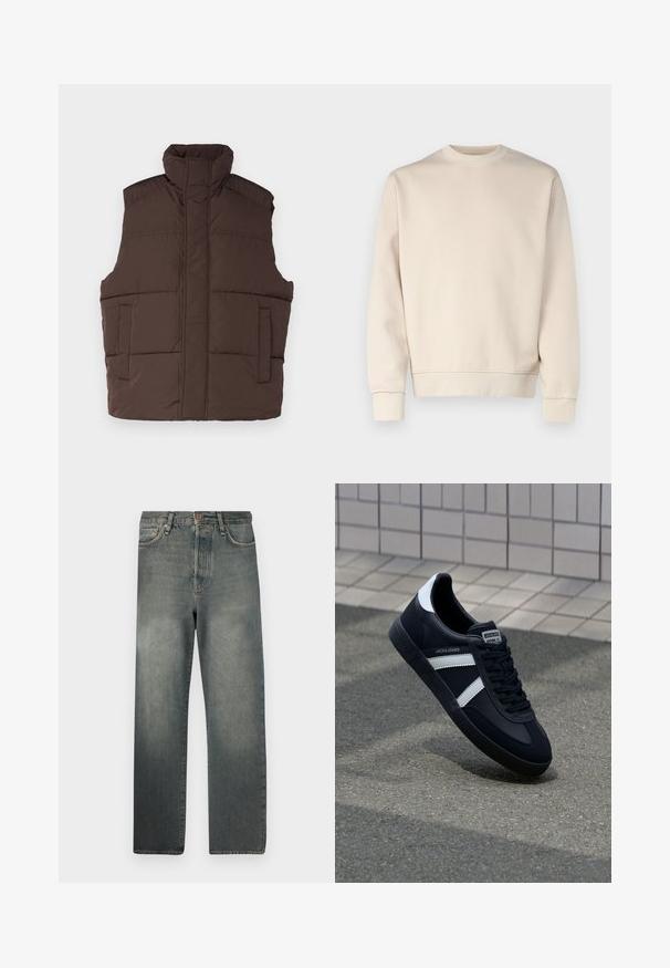 Gilet rembourré marron avec un col montant, sans manches, deux poches avant et texture matelassée. Finition lisse, isolation chaude.; Sweatshirt beige à coupe décontractée, avec un col rond, des manches longues, des poignets et un ourlet côtelés. Texture lisse avec une décoration minimale.; Jack & Jones JJIALEX JJCOOPER - Jean baggy - black denim; Sneaker en cuir noir avec des rayures blanches, semelle en caoutchouc texturée et devant à lacets. Présente une étiquette de marque sur la languette.