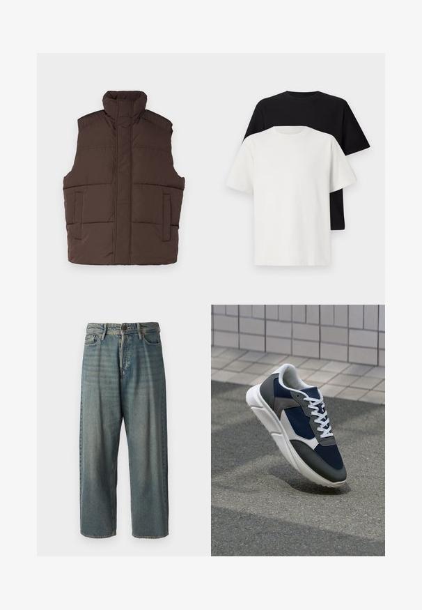 Smeđa jakna bez rukava s visokim ovratnikom, dva prednja džepa i kviltana tekstura. Glatka površina, topla izolacija.; Set pamučnih majica koji uključuje crnu i bijelu majicu, obje s kratkim rukavima, okruglim izrezom i klasičnim krojem. Tekstura tkanine.; Svijetloplave traperice s širokim krojem, srednjim pojasom i ravnim nogavicama. Ima pet džepova, petlje za remen i kopčanje na gumb.; Tenisice s gornjim dijelom od mrežastog materijala tamnoplave boje, siva antilopova naglašavanja, bijela gumena potplat i ravne bijele vezice, dizajnirane za udobnost i prozračnost.