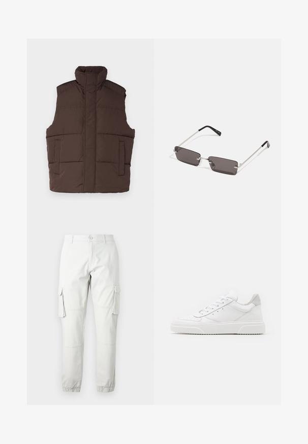 Hnedá puffa vesta s vysokým golierom, bezrukávový dizajn, dve predné vrecká a prešívaná textúra. Hladký povrch, teplá izolácia.; Biele bavlnené tričko s krátkymi rukávmi, okrúhlym výstrihom a červeným grafickým textom "CHUTNÉ OSVIEŽUJÚCE OVOCIE" na prednej strane.; Svetlošedé cargo nohavice so bočnými vreckami, elastickými manžetami na členkoch a s gombíkovým zapínaním. Vyrobené z odolného materiálu s hladkou textúrou.; Biele kožené tenisky s hladkým povrchom, zaoblenou špičkou, plochými šnúrkami a textúrovanou podrážkou. Sivý semišový akcent na päte.; Slnečné okuliare s obdĺžnikovými, tmavosivými sklami, striebornými kovovými rámami a čiernymi plastovými koncami na rúčkach. Ľahký dizajn s nosovými podložkami.