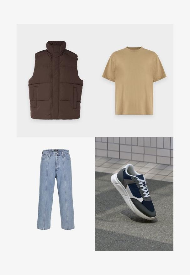Pruun puffertop, millel on kõrge kaelus, varrukateta disain, kaks esist pocketit ja tikitud tekstuur. Sile viimistlus, soe isolatsioon.; Khaki lühikeste varrukatega T-särk, mis on valmistatud pehmest kangast, ümara kaelusega ja mugava lõikega. Mustreid ega graafikat pole.; Heledad sinine teksapüksid, millel on lai lõige, laiad sääred ja nähtavad õmbluse detailid. Omab nööbiga ja lukuga kinni tõmmatavat piirdu, viis taskut.; Sneaker, mille sinine võrkkangas, hallid nubukdetailid, valge kummitald ja lamedad valged paelad, disainitud mugavuseks ja hingavuseks.