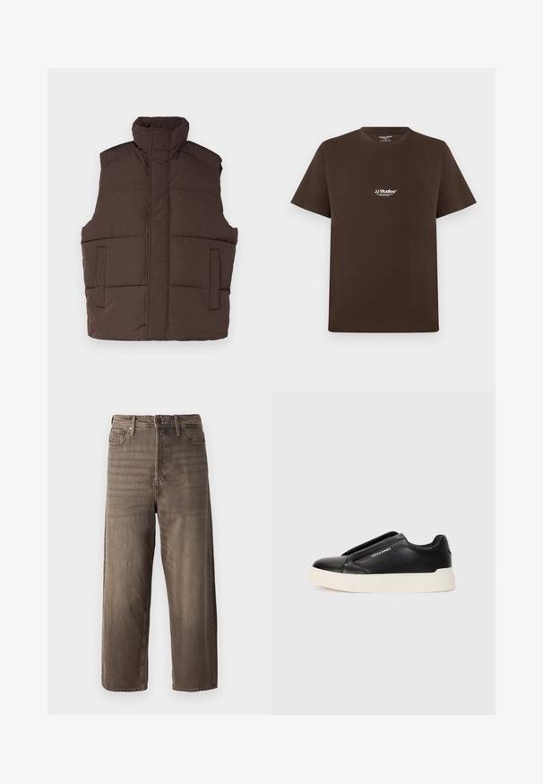Brun pufferväst med hög krage, ärmlös design, två framfickor och kviltad textur. Slät ytfinish, varm isolering.; Brun bomull t-shirt med kort ärm, rund hals och en liten vit logotyp på bröstet. Slät textur och normal passform.; Bruna vida jeans i denim. Har dragkedja, bältesloopar och fem fickor. Tyget har en urtvättad, texturerad yta.; Svart slip-on sneakers med texturerat läderöverkänsliga, vit gummisula och utan synliga snören. Har varumärkeslogotyp på sidan.