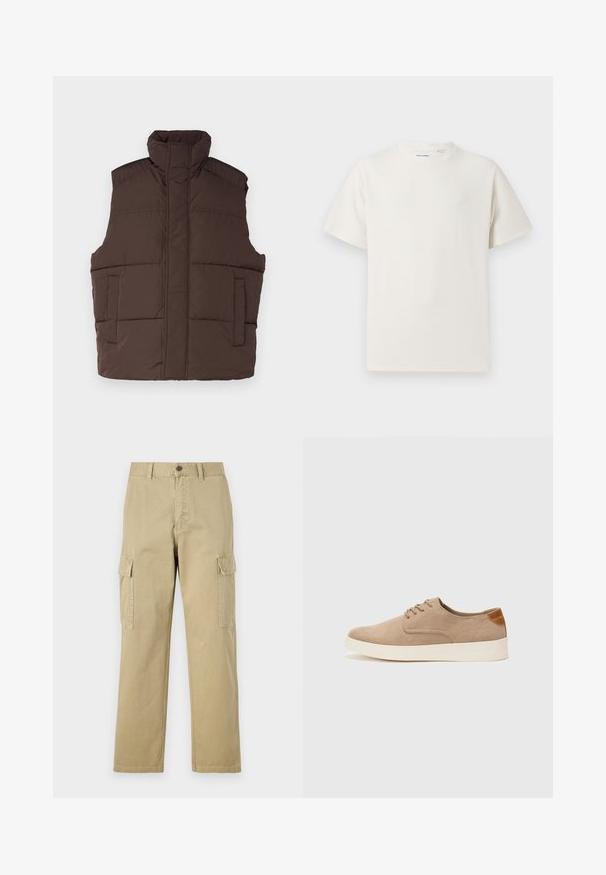 Gilet smanicato marrone con collo alto, design senza maniche, due tasche frontali e texture trapuntata. Finitura liscia, isolamento caldo.; T-shirt bianca a maniche corte in texture a coste. Girocollo, vestibilità rilassata, senza modelli o accenti visibili. Design semplice e versatile.; Pantaloni cargo beige in cotone, dotati di due tasche laterali, chiusura con bottone e gamba dritta con tessuto leggermente texture.; Sneaker in suede beige con punta arrotondata, stringhe davanti e un accento testurizzato sul retro. La suola in gomma bianca offre un contrasto. Design semplice e moderno.