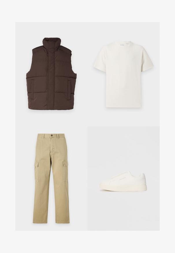 Brown puffer vest with a high collar, sleeveless design, two front pockets, and quilted texture. Smooth finish, warm insulation.; White short-sleeve T-shirt in a ribbed texture. Round neckline, relaxed fit, no visible patterns or accents. Simple and versatile design.; Beige cargo pants made of cotton, featuring two side pockets, a button closure, and straight legs with a slightly textured fabric.; White slip-on sneakers with a textured surface, a thick sole, and minimalistic design. Features brand logo on the side.