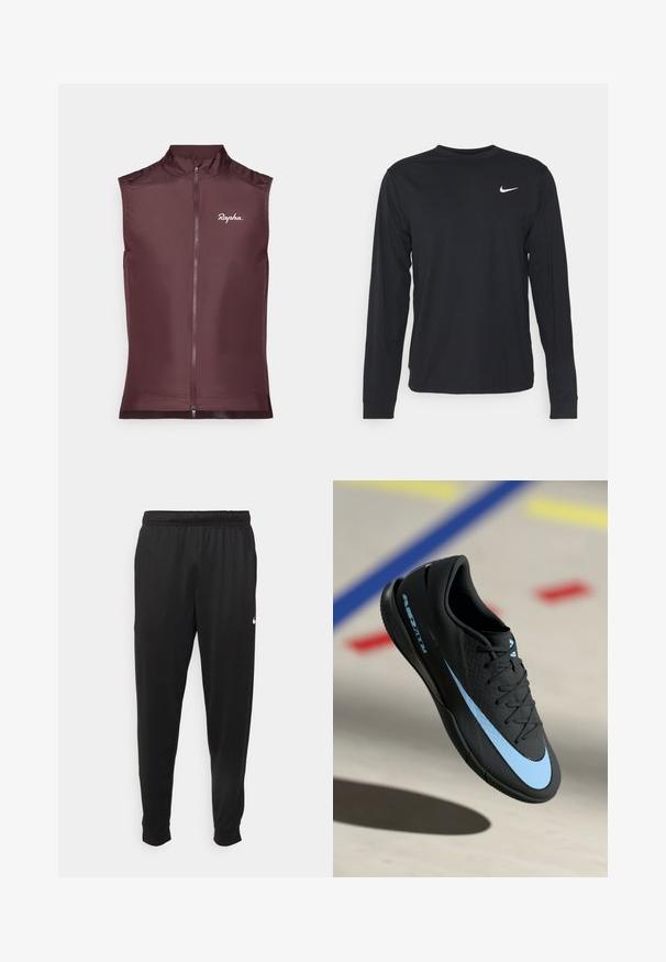 Rapha sleeveless cycling vest in deep burgundy, crafted from lightweight fabric with a front zipper and a fitted design.; Black long-sleeve shirt made of smooth fabric, featuring a crew neckline and a small white Nike logo on the upper left chest.; Black athletic pants made of smooth fabric, featuring an elastic waistband, tapered legs, and a small white logo on the left side.; Black athletic shoe with blue accents, textured surface, lace-up design, and distinctive Nike logo. Rubber sole with grip patterns.