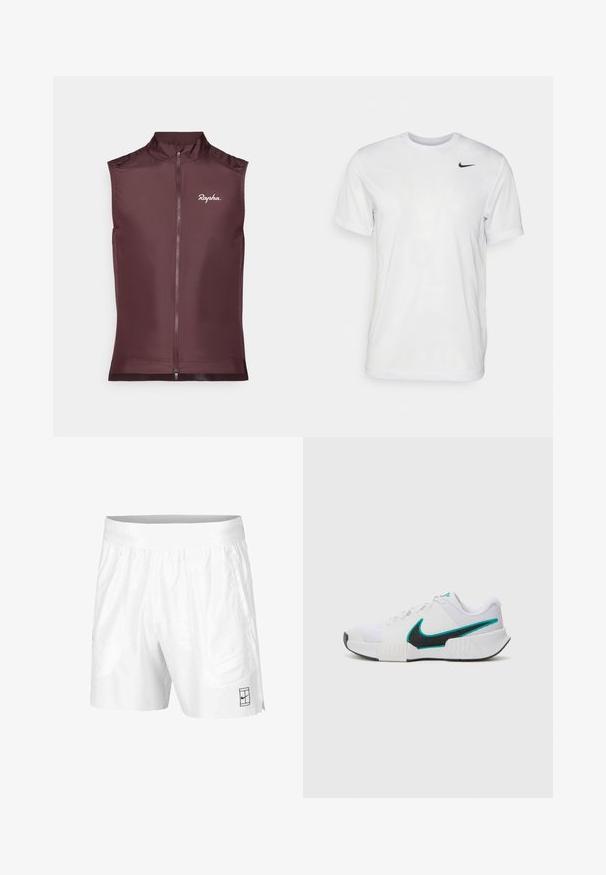 Bezrukávová cyklistická vesta Rapha v tmavej burgundskej farbe, vyrobená z ľahkého materiálu s predným zipsom a priliehavým strihom.; Biela krátka tričko s krátkymi rukávmi vyrobené z hladkej látky. Má okrúhly výstrih a malé čierne logo Nike na ľavej hrudi.; Biele športové šortky z ľahkej tkaniny s elastickým pásom, obsahujúce dve bočné vrecká a malé čierne logo na leme.; Biele športové tenisky s textúrovaným sieťovaným zvrškom, čiernou gumovou podrážkou a akcentom teal loga Nike. Obsahujú šnúrky a vypolstrovaný golier.