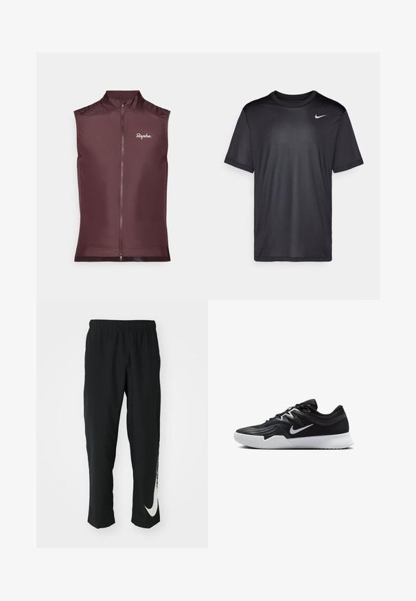 Rapha bez piedurknēm velosipēdu veste dziļi burgundijas krāsā, izgatavota no viegla auduma ar priekšējo rāvējslēdzēju un piegulošu dizainu.; Melna sporta t-krekls ar īsām piedurknēm, apaļu kakla izgriezumu, izgatavots no gludas auduma. Uz kreisās puses augšējā daļā ir neliels balts Nike logotips.; Melni sporta bikses ar elastīgu jostasvīru, ar sašaurinātu dizainu, kurām uz kreisā kājas gabala ir liels balts Nike logo. Mīksts, viegls audums.; Melni sporta apavi ar teksturētu virsu, balto Nike zulumu un balto gumijas zoli. Iezīmējas ar auklu pievilkšanas dizainu un dinamisku formu.