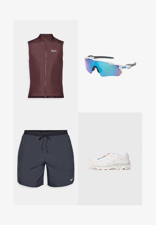 Colete de ciclismo sem mangas da Rapha em bordeaux profundo, feito de tecido leve com fecho de correr frontal e um design ajustado.; T-shirt de corrida sem mangas da Nike, de cor branca, com gola redonda, textura suave e logotipo preto da Nike na parte superior esquerda do peito.; Calções de corrida Nike em cinza escuro, com uma cintura elástica e cordão de ajuste, além de um logo prateado na parte inferior da perna direita.; Sapatilha atlética branca com parte superior em malha texturada, detalhes refletivos e sola acolchoada. Logótipo da marca destacado na lateral.; Óculos de sol com uma armação branca, detalhes cinzas e lentes espelhadas azuis. Design desportivo, forma envolvente e almofadas do nariz ajustáveis.