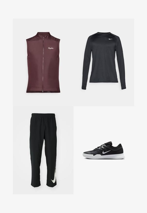 Rapha ärmellose Radweste in tiefem Burgunderrot, aus leichtem Material gefertigt, mit einem Reißverschluss vorne und einer taillierten Passform.; Langärmliges schwarzes Sportshirt aus einem glatten, dehnbaren Material. Verfügt über ein dezentes strukturiertes Design und ein kleines weißes Logo auf der Brust.; Schwarze Sporthose mit elastischem Bund und taillierter Passform, auf der linken Beinschulter befindet sich ein großes weißes Nike-Logo. Weicher, leichter Stoff.; Schwarzer Sportschuh mit strukturiertem Obermaterial, weißem Nike-Warenzeichen und einer weißen Gummisohle. Verfügt über ein Schnürdesign und eine dynamische Form.
