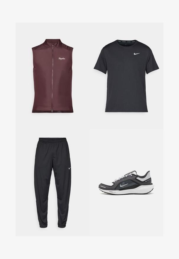 Rapha ärmellose Radweste in tiefem Burgunderrot, aus leichtem Material gefertigt, mit einem Reißverschluss vorne und einer taillierten Passform.; Schwarzes Nike Lauft-Shirt aus leichtem, atmungsaktivem Material, mit kurzen Ärmeln und einem kleinen weißen Logo auf der Brust.; Schwarze Sporthose mit elastischem Bund, schmal zulaufenden Beinen und kleinem weißen Nike-Logo auf dem linken Oberschenkel. Glattes Material, ohne Muster.; Schwarzer und grauer Sportschuh mit einem Mesh-Obermaterial, reflektierenden Akzenten und einer weißen Zwischensohle. Verfügt über eine strukturierte Gummisohle und Schnürsenkel.