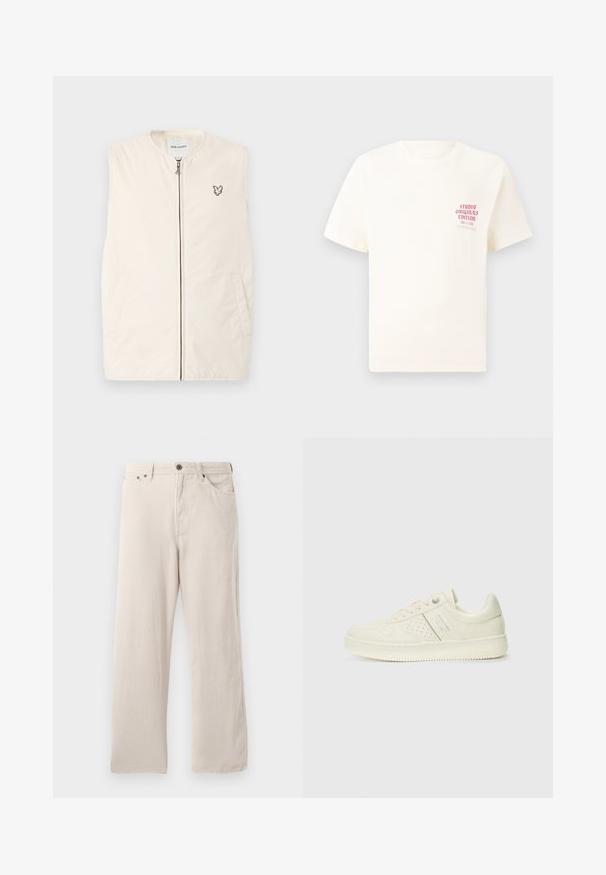 Beżowa kamizelka bez rękawów z zamkiem z przodu, dwoma bocznymi kieszeniami i małym haftowanym logo orła na piersi. Gładka faktura tkaniny.; Biała koszulka z krótkim rękawem z czerwonym napisem "Studio Originals Edition" po lewej stronie klatki piersiowej, wyeksponowana na neutralnym szarym tle.; Beżowe spodnie kordrowe o prostym kroju, z prążkowaną teksturą, pięcioma kieszeniami i zapięciem na guziki.; Kremowe sneakersy z perforowanymi detalami, sznurowadłami i logo z boku, prezentowane na jednolitym białym tle.