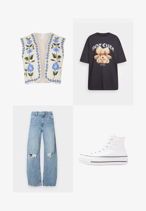 YAS YASWOW - Strukirani kaput - birch; Crna oversized majica s grafikom medvjeda i natpisom "NIJE SLATKO, ALI DIVLJE" u podebljanim, bijelim slovima. Pamuk.; Svijetloplave, visoko-strukirane traperice. Imaju široke nogavice, dva razderana područja na koljenima i klasičan stil s pet džepova.; Bijela visoka platnena tenisica s crnom gumenom potplatom, prednjim gumenim zaštitnikom prstiju i šest rupa za vezanje, s čistim, minimalističkim dizajnom.