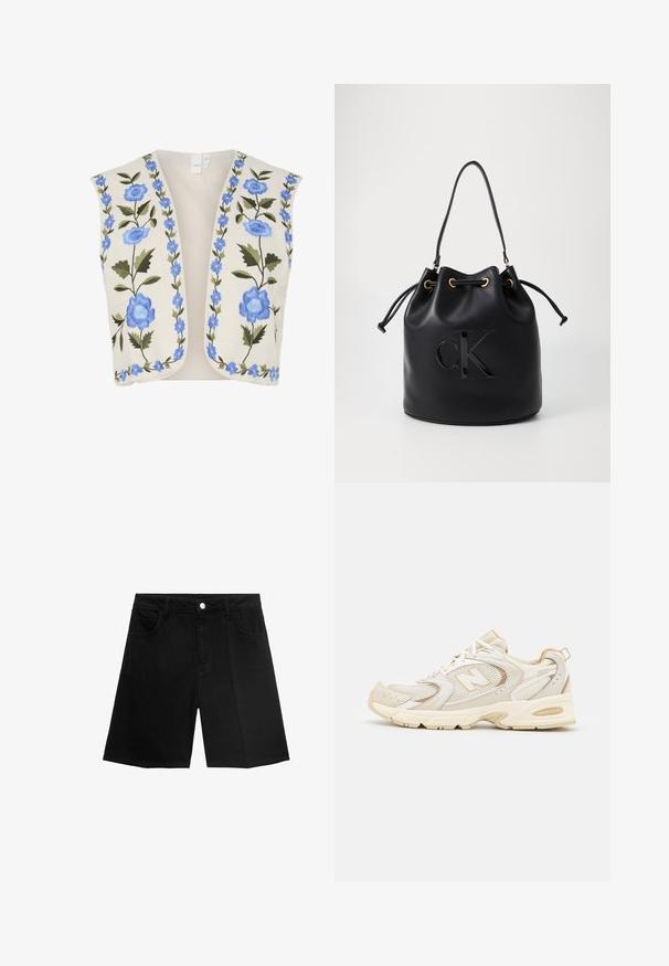 YAS YASWOW - Smanicato - birch; Maglietta corta bianca realizzata in tessuto a costine. Presenta un collo rotondo e maniche corte. Logo "cK" ricamato in nero sul petto.; Shorts in denim nero con taglio dritto, cinque tasche e chiusura con bottone argentato. Texture liscia con dettagli di cucitura minimi.; Scarpe sportive beige con sovrapposizioni in mesh e materiale sintetico, dotate di una superficie testurizzata, colletto imbottito e ammortizzazione "ABZORB" nel tallone.; Borsa a secchiello in pelle nera con chiusura a cordoncino, caratterizzata da un logo "CK" lucido sulla parte anteriore e dettagli in hardware dorato.