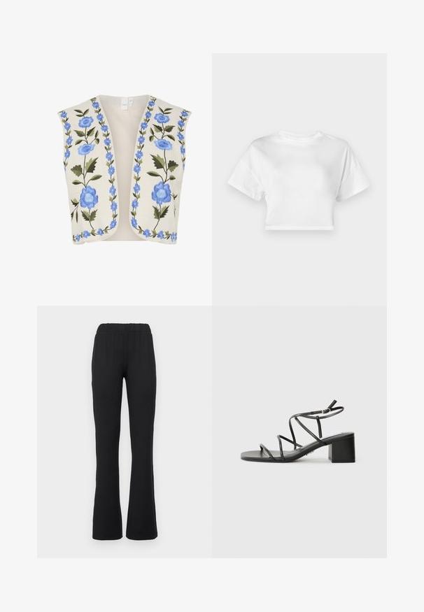YAS YASWOW - Waistcoat - birch; White cropped t-shirt made of cotton. Short sleeves, round neckline, smooth texture, casual design without patterns or embellishments.; Black, flared pants with an elastic waistband, featuring a smooth texture and no visible patterns or hardware details.; Black strappy sandals with a square toe and a chunky heel, made of smooth material. Features adjustable ankle straps and minimal hardware.
