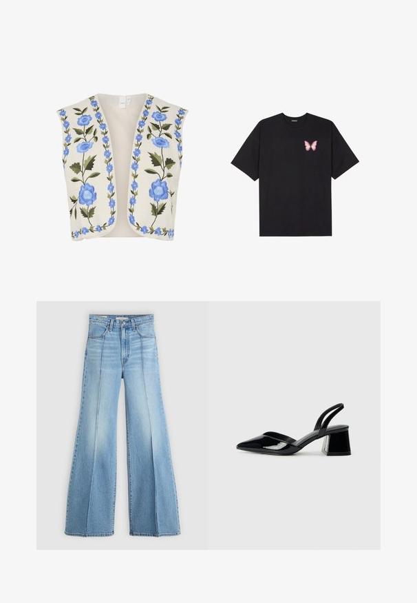 YAS YASWOW - Vest - birch; Svart bomulls T-skjorte med korte ermer, med en liten rosa sommerfugl grafikk på venstre bryst. Crew-neck design med en avslappet passform.; Lyseblå høytlivsjeans med vide ben, front- og baklommer, beltehemper og vertikale sømdetaljer foran.; Svarte patentlær slingback hæler med spiss tå og geometrisk blokk hæl. Har et stilrent, minimalistisk design og jevn tekstur.