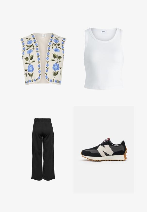 YAS YASWOW - Weste - birch; Weißes, geripptes Tanktop mit rundem Halsausschnitt, ärmellosem Design und kurzer Länge. Das Etikett trägt die Aufschrift "JJXX". Glatte Stoffstruktur.; Schwarze, weit geschnittene Hose mit elastischem Bund, aus glattem Stoff gefertigt. Hat ein cleanes Design ohne Taschen oder sichtbare Nähte.; Schwarze und graue Wildledersneaker mit einem großen cremefarbenen "N"-Logo, lila Schnürsenkeln und einer strukturierten Gummisohle.